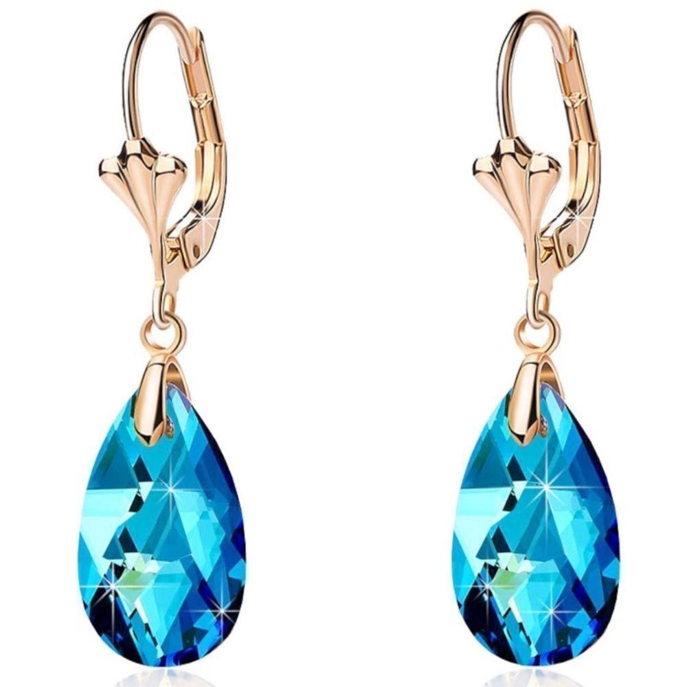 14K Yellow Gold with Bermuda Blue Austrian Crystal Teardrop Leverback Earrings